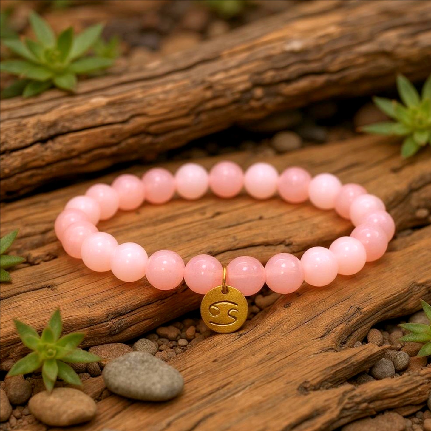 Pulsera de Cuarzo Rosa con dije del signo Zodiacal, bañado en Oro 18K