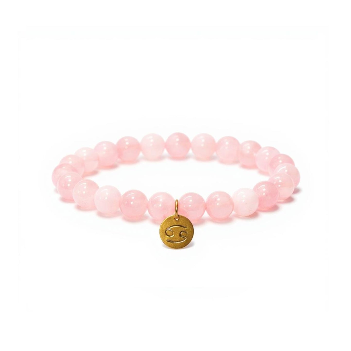 Pulsera de Cuarzo Rosa con dije del signo Zodiacal, bañado en Oro 18K