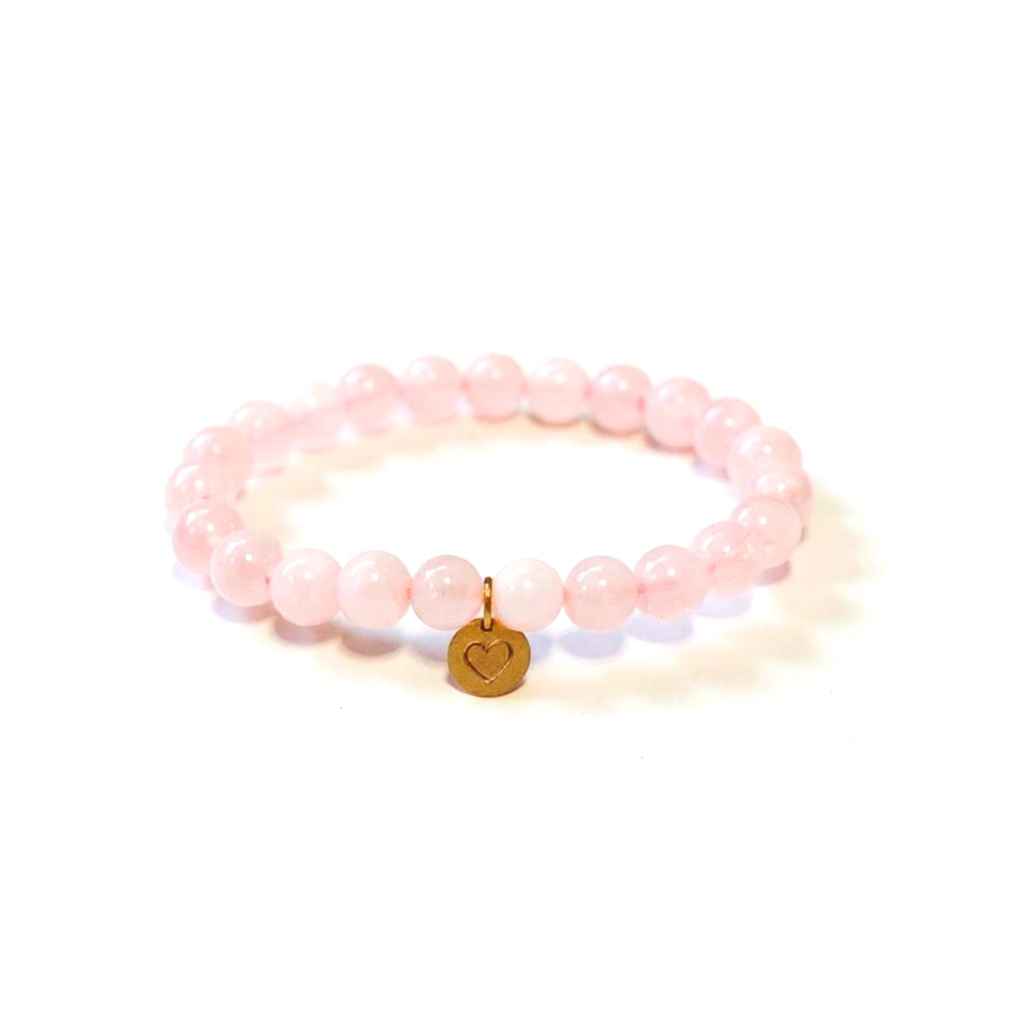 Pulsera de Cuarzo Rosa con dije de Corazón, bañado en Oro 18K