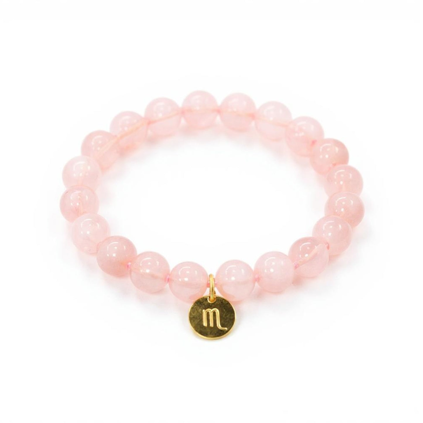 Pulsera de Cuarzo Rosa con dije del signo Zodiacal, bañado en Oro 18K