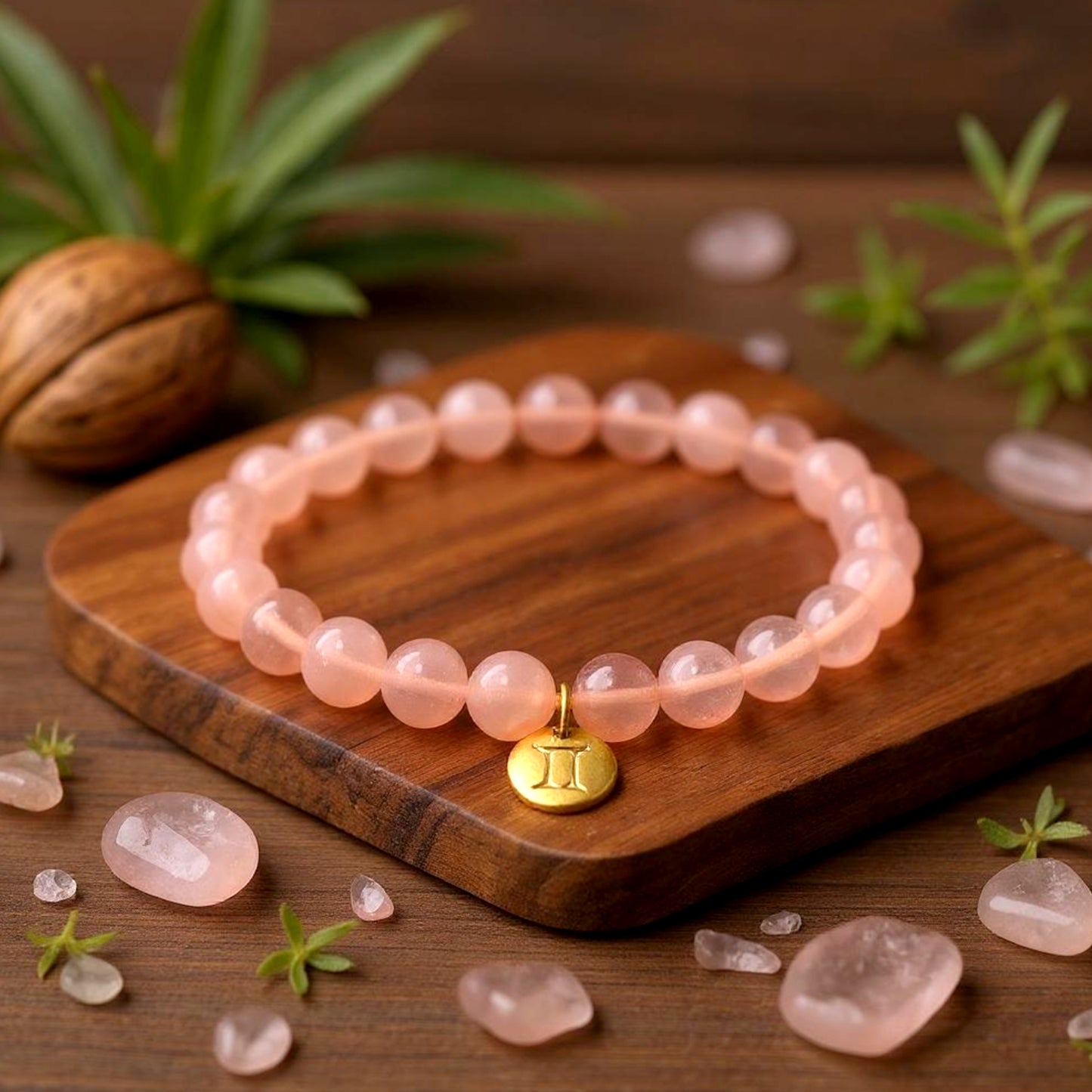 Pulsera de Cuarzo Rosa con dije del signo Zodiacal, bañado en Oro 18K