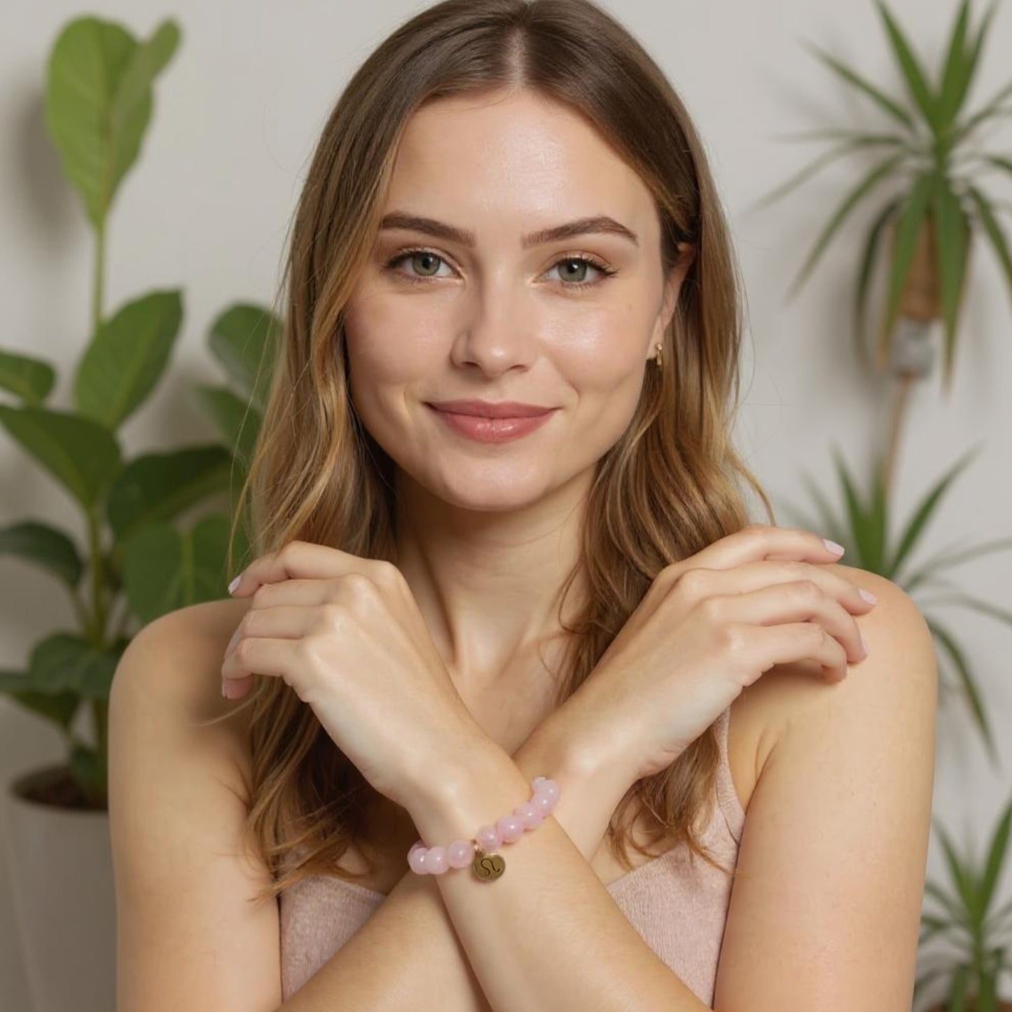 Pulsera de Cuarzo Rosa con dije del signo Zodiacal, bañado en Oro 18K