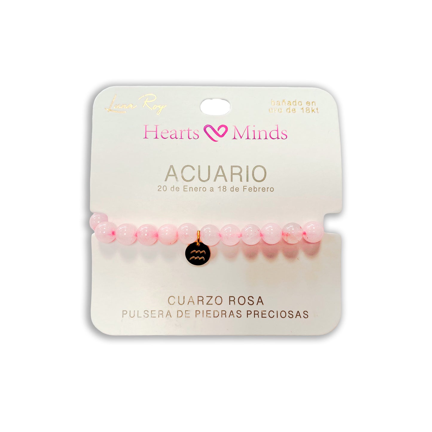 Pulsera de Cuarzo Rosa con dije del signo Zodiacal, bañado en Oro 18K