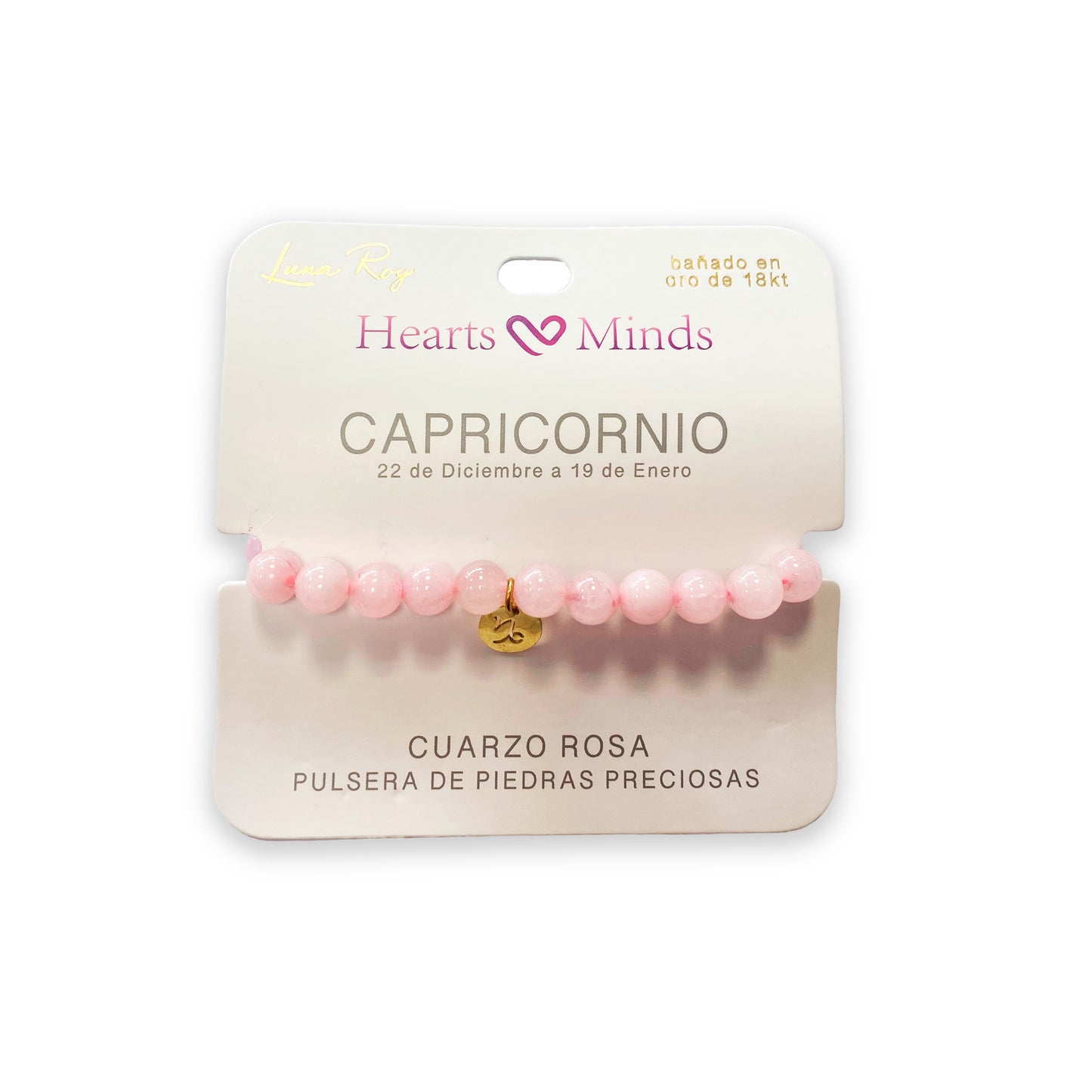 Pulsera de Cuarzo Rosa con dije del signo Zodiacal, bañado en Oro 18K