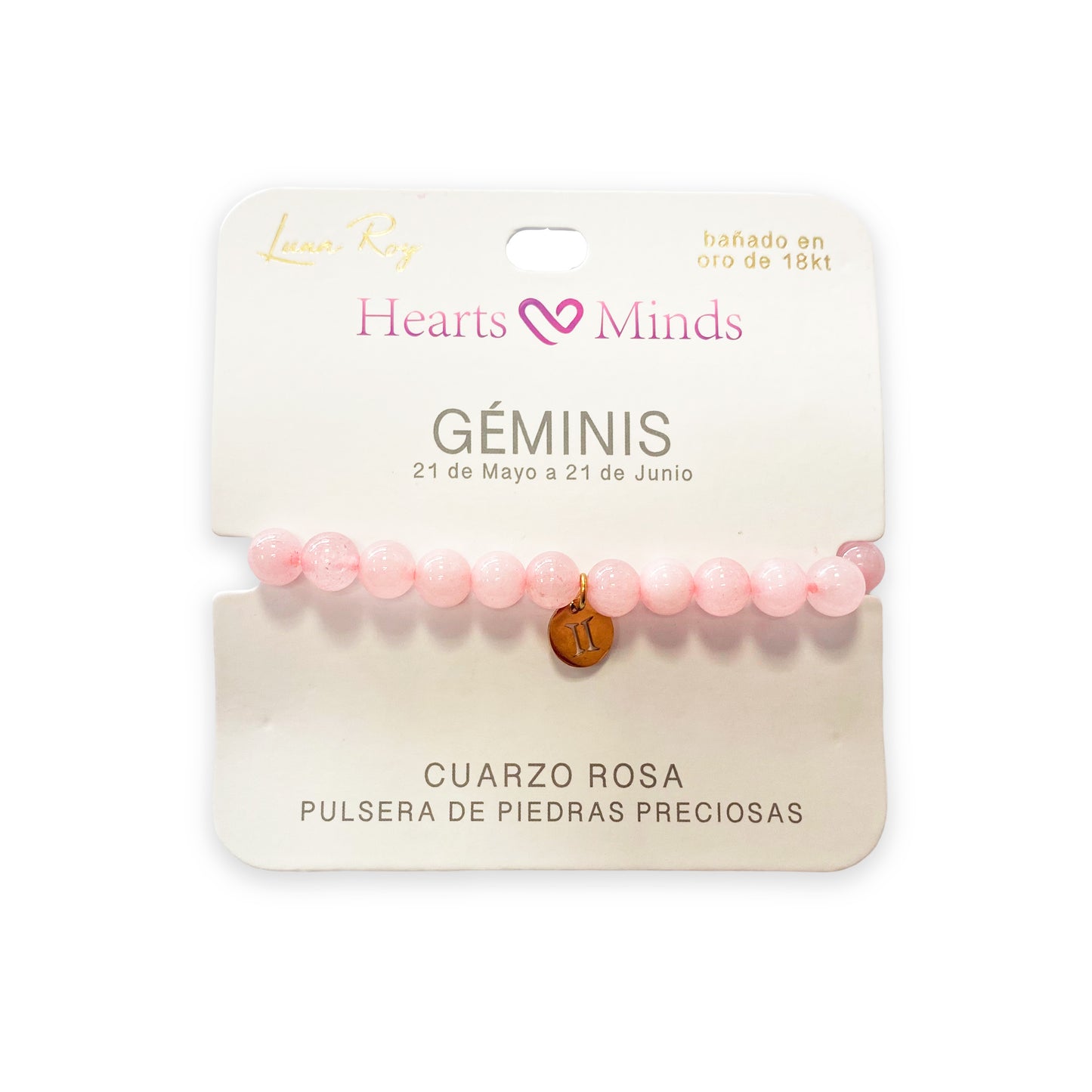 Pulsera de Cuarzo Rosa con dije del signo Zodiacal, bañado en Oro 18K