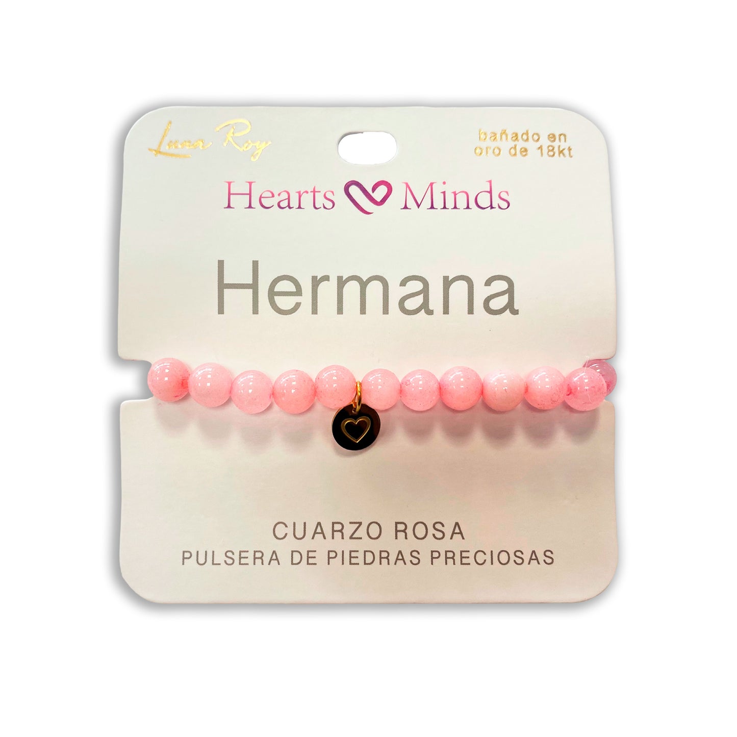 Pulsera de Cuarzo Rosa con dije de Corazón, bañado en Oro 18K