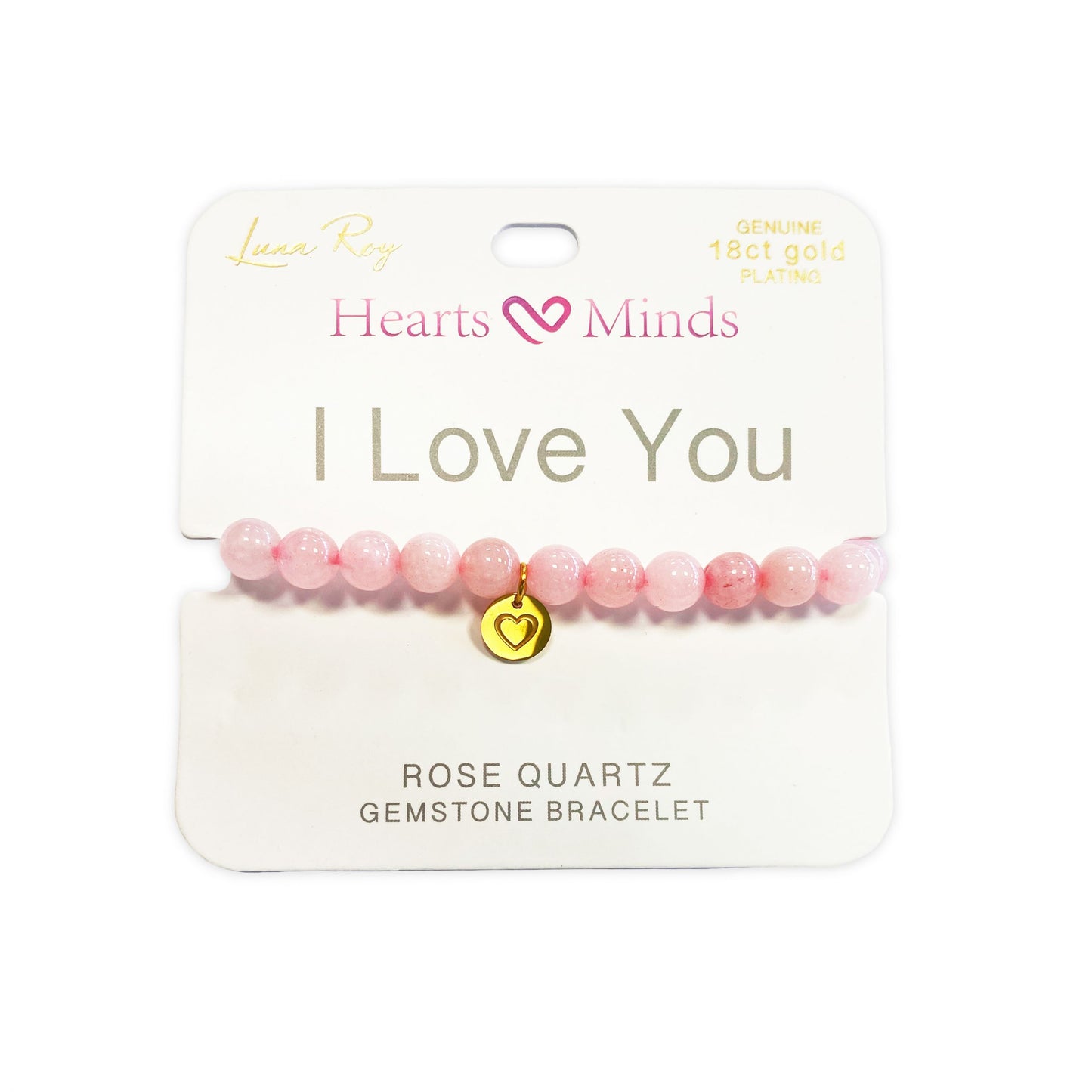 Pulsera de Cuarzo Rosa con dije de Corazón, bañado en Oro 18K