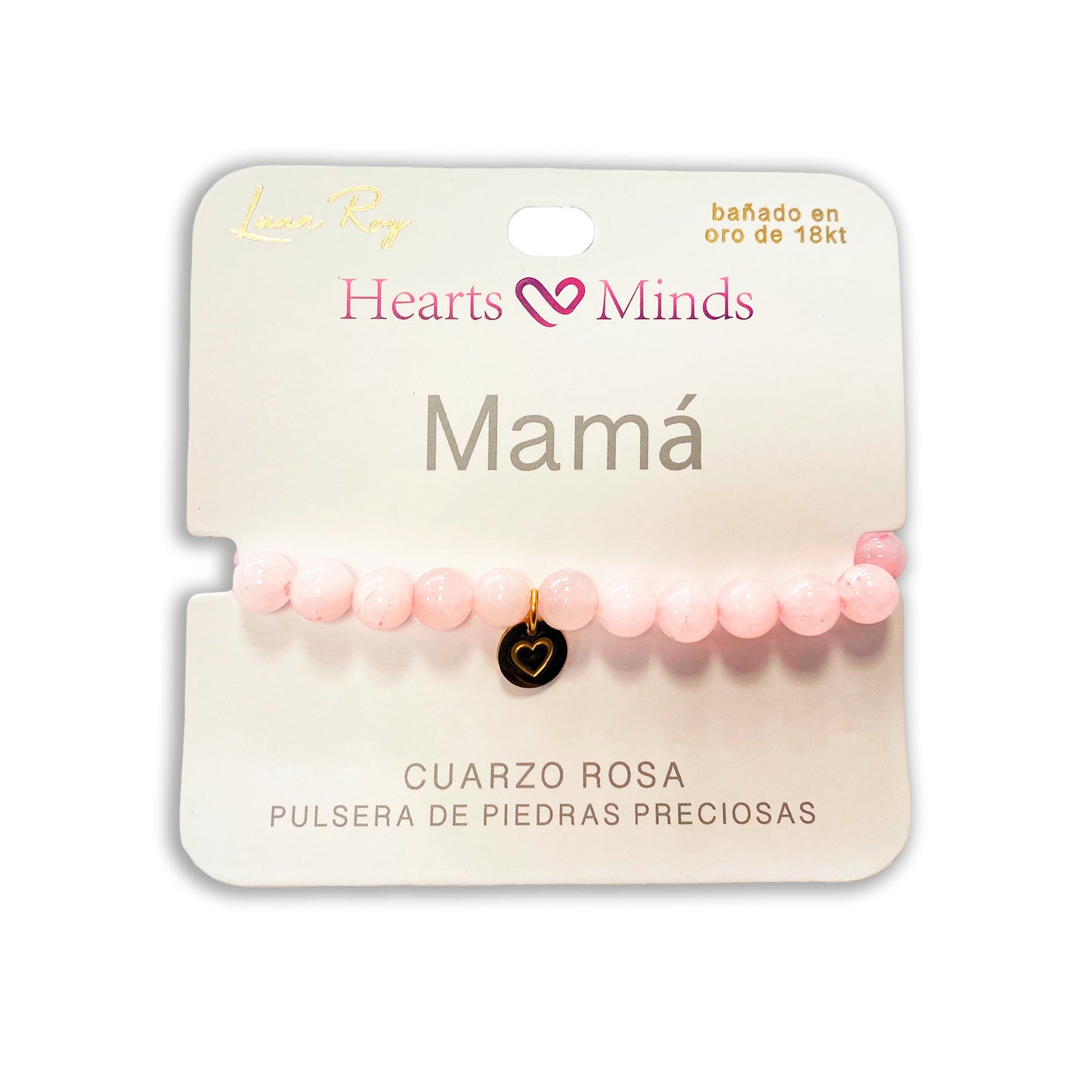 Pulsera de Cuarzo Rosa con dije de Corazón, bañado en Oro 18K
