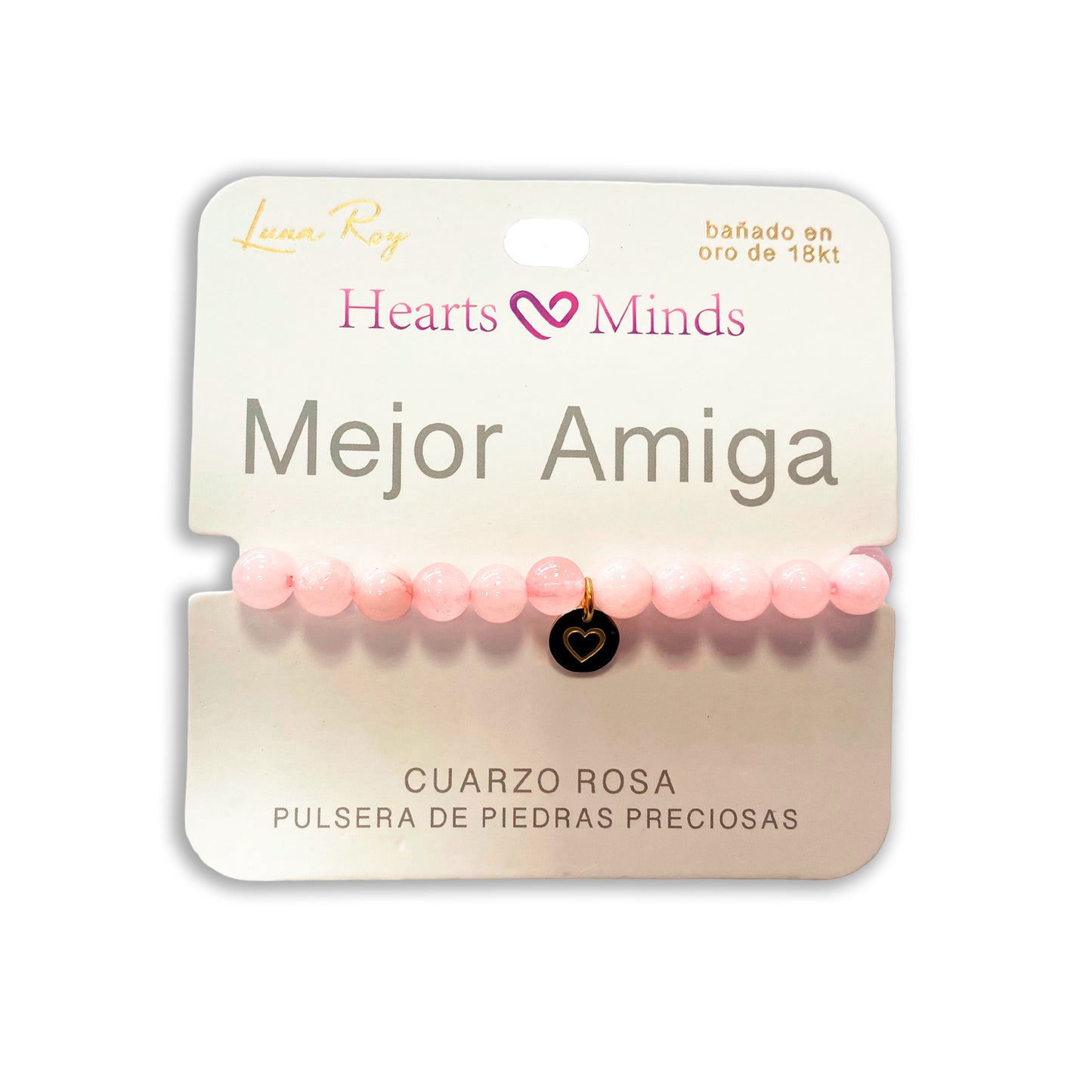 Pulsera de Cuarzo Rosa con dije de Corazón, bañado en Oro 18K