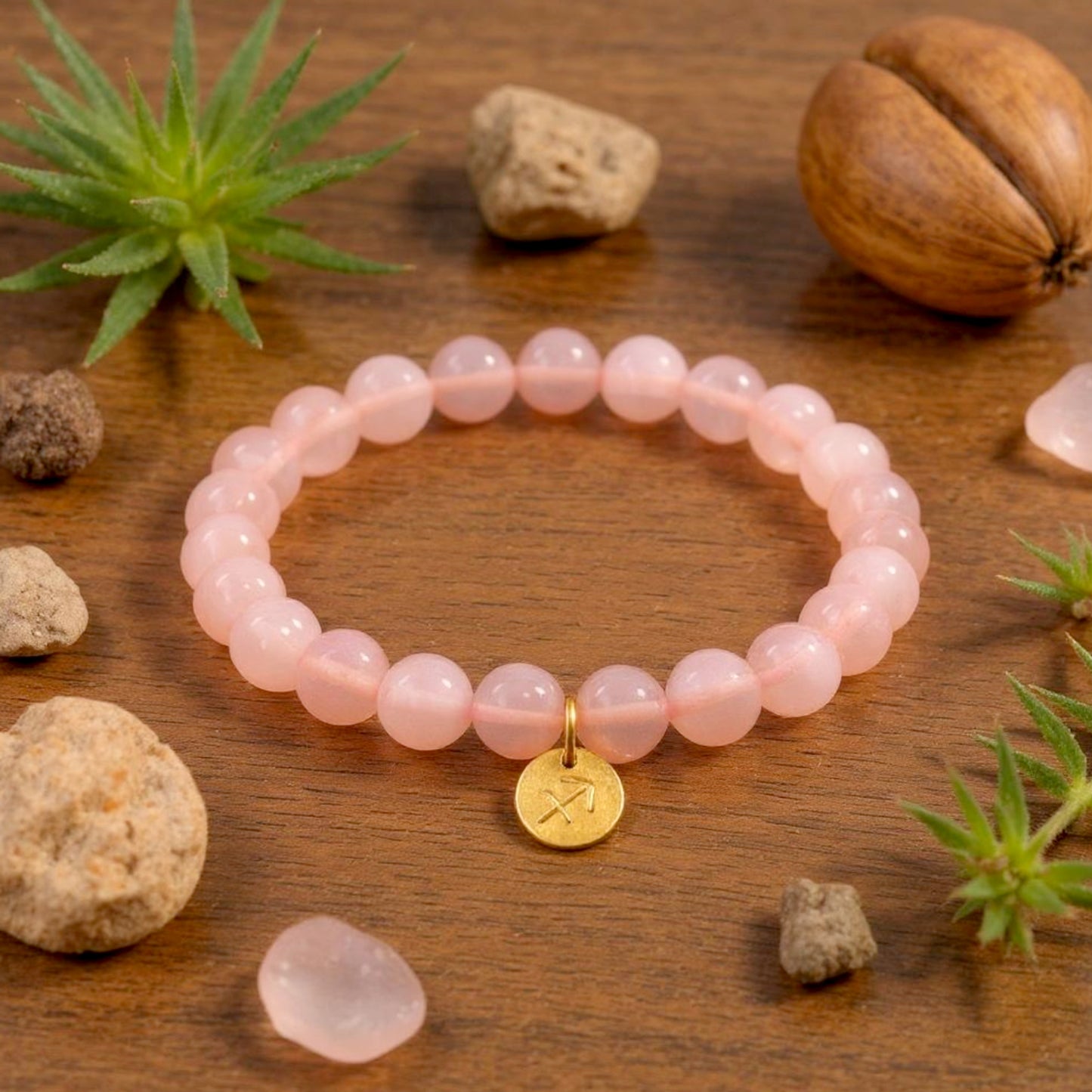 Pulsera de Cuarzo Rosa con dije del signo Zodiacal, bañado en Oro 18K