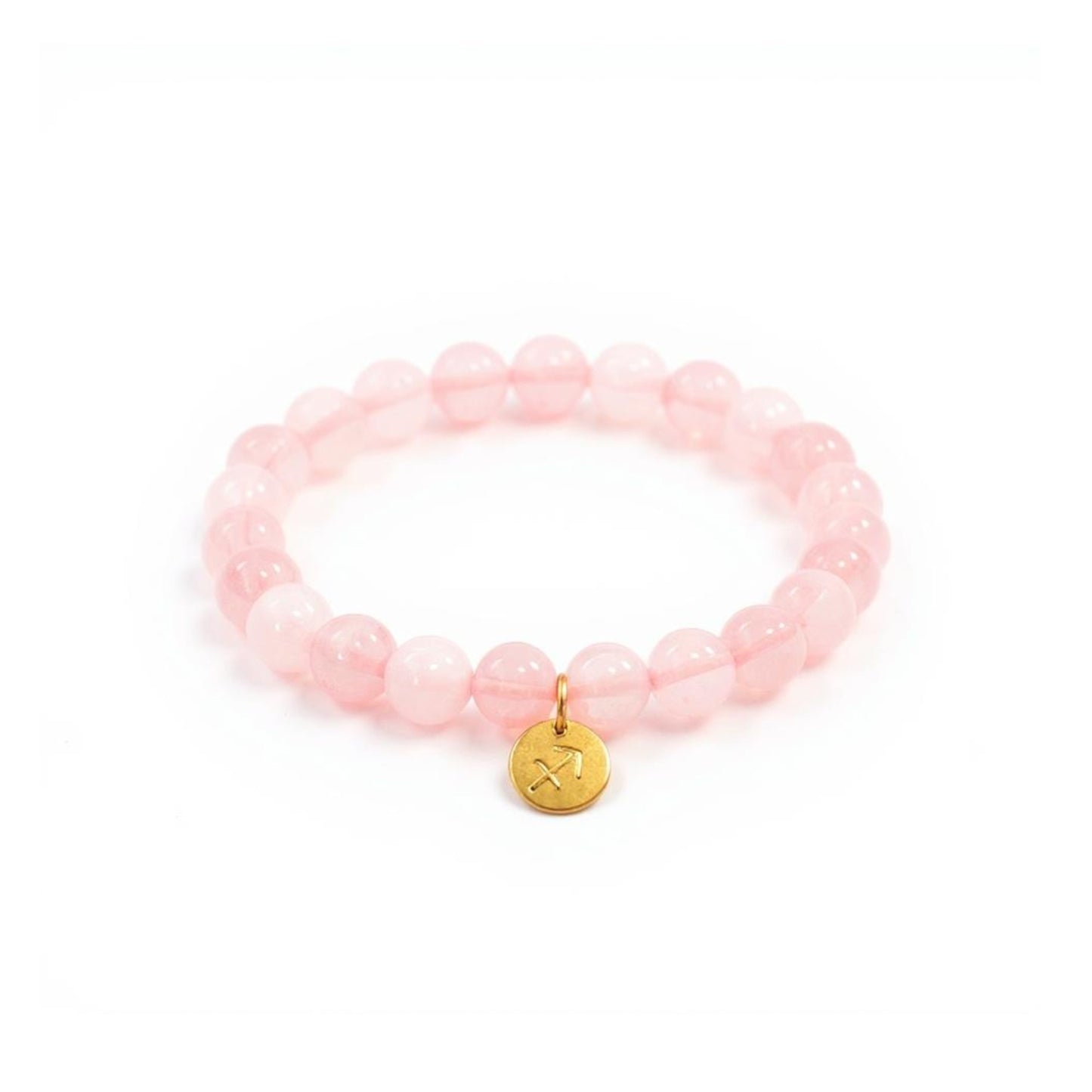 Pulsera de Cuarzo Rosa con dije del signo Zodiacal, bañado en Oro 18K