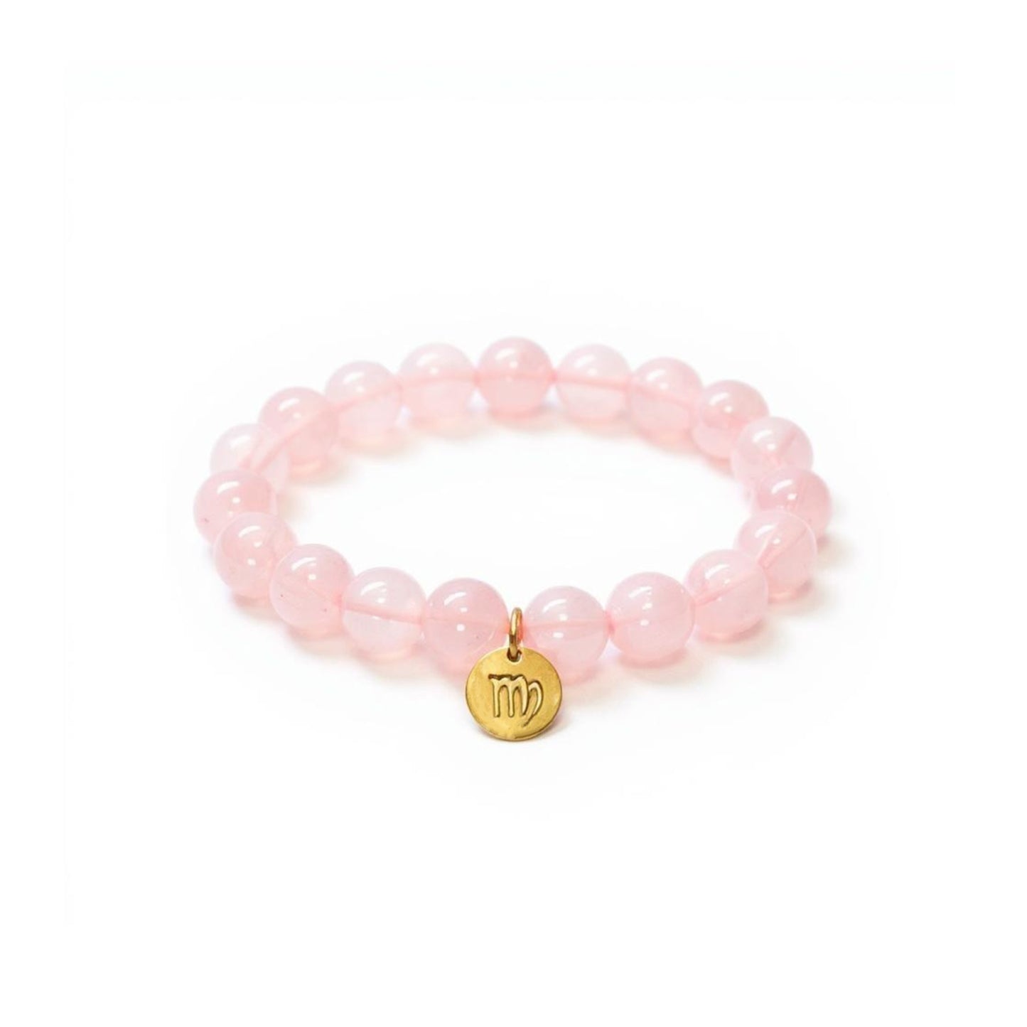 Pulsera de Cuarzo Rosa con dije del signo Zodiacal, bañado en Oro 18K