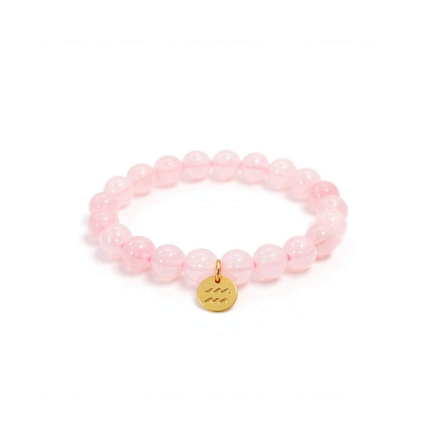 Pulsera de Cuarzo Rosa con dije del signo Zodiacal, bañado en Oro 18K