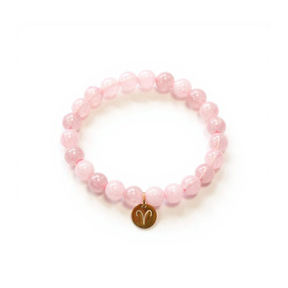 Pulsera de Cuarzo Rosa con dije del signo Zodiacal, bañado en Oro 18K
