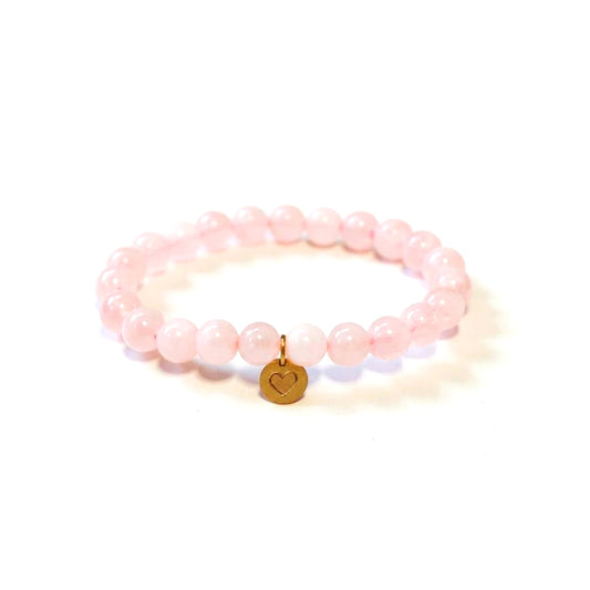 Pulsera de Cuarzo Rosa con dije de Corazón, bañado en Oro 18K
