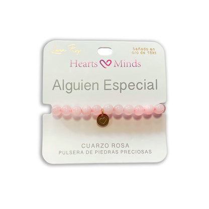 Pulsera de Cuarzo Rosa con dije de Corazón, bañado en Oro 18K