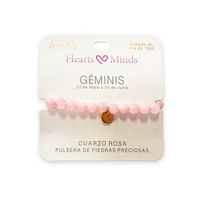 Pulsera de Cuarzo Rosa con dije del signo Zodiacal, bañado en Oro 18K