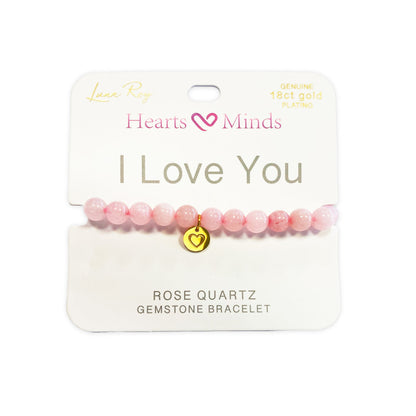 Pulsera de Cuarzo Rosa con dije de Corazón, bañado en Oro 18K