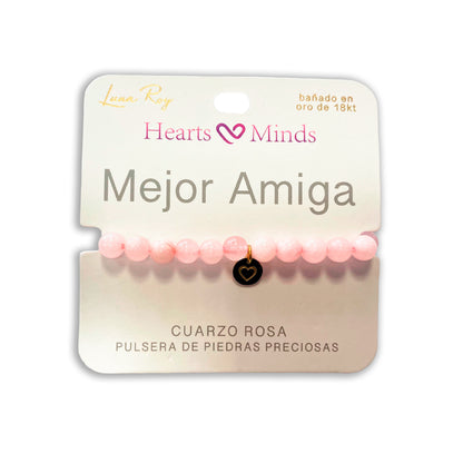 Pulsera de Cuarzo Rosa con dije de Corazón, bañado en Oro 18K