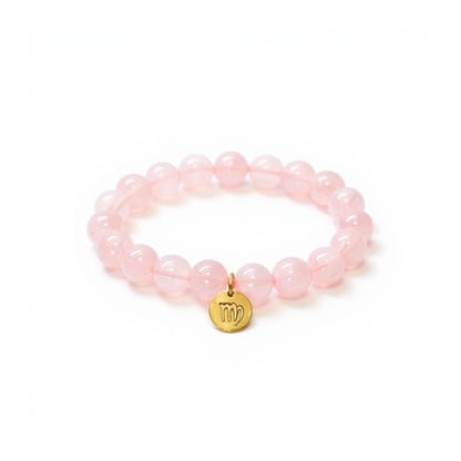Pulsera de Cuarzo Rosa con dije del signo Zodiacal, bañado en Oro 18K
